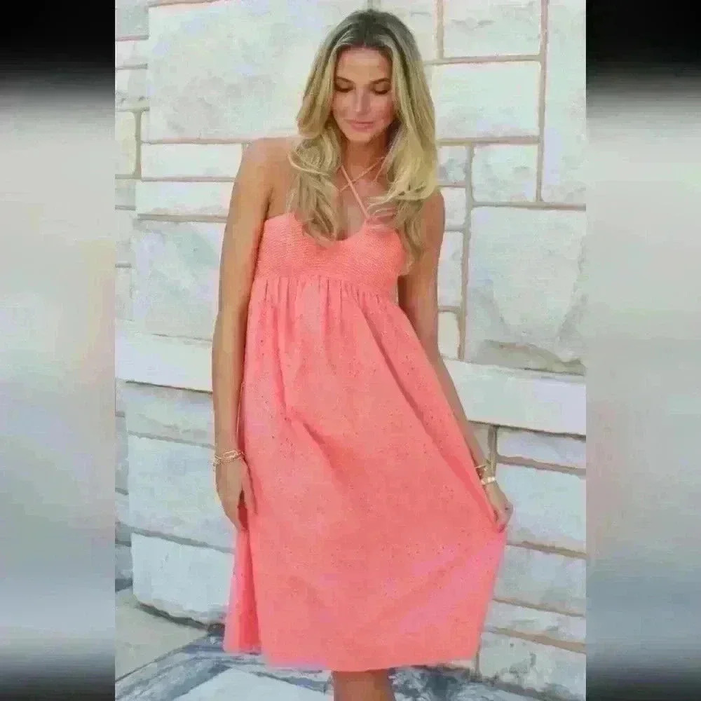 LE LIS | Women's Coral Eyelet Crochet Sleeveless Halter Midi Dress